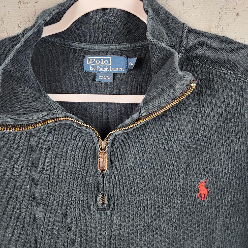 Polo Ralph Lauren Sweater Mens 2XL Gray Quarter Zip Mock Neck Red Small Pony Y2k
